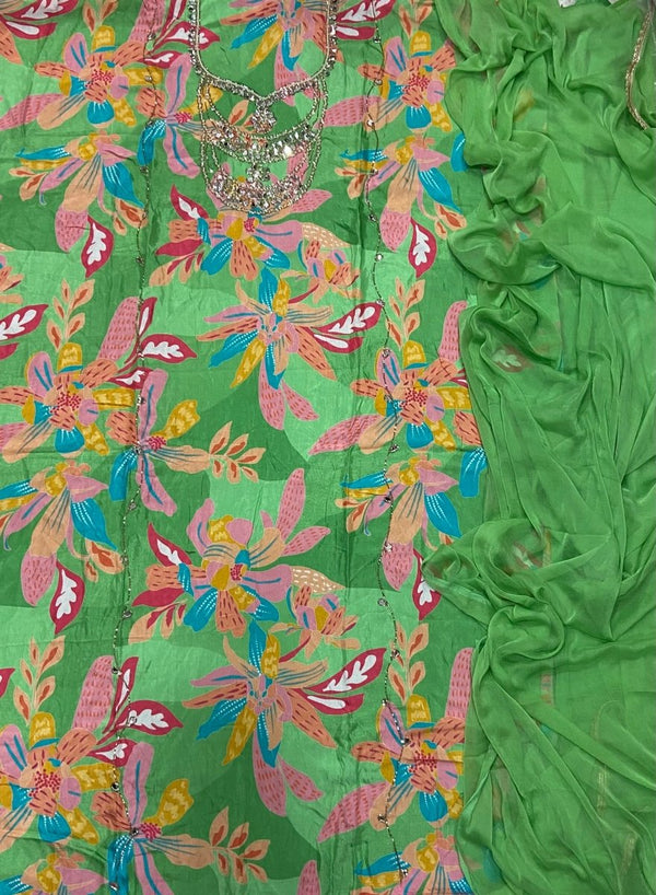Fancy Musleen Suit Set with Heavy Pearl & Real Mirror Work - Yanchi