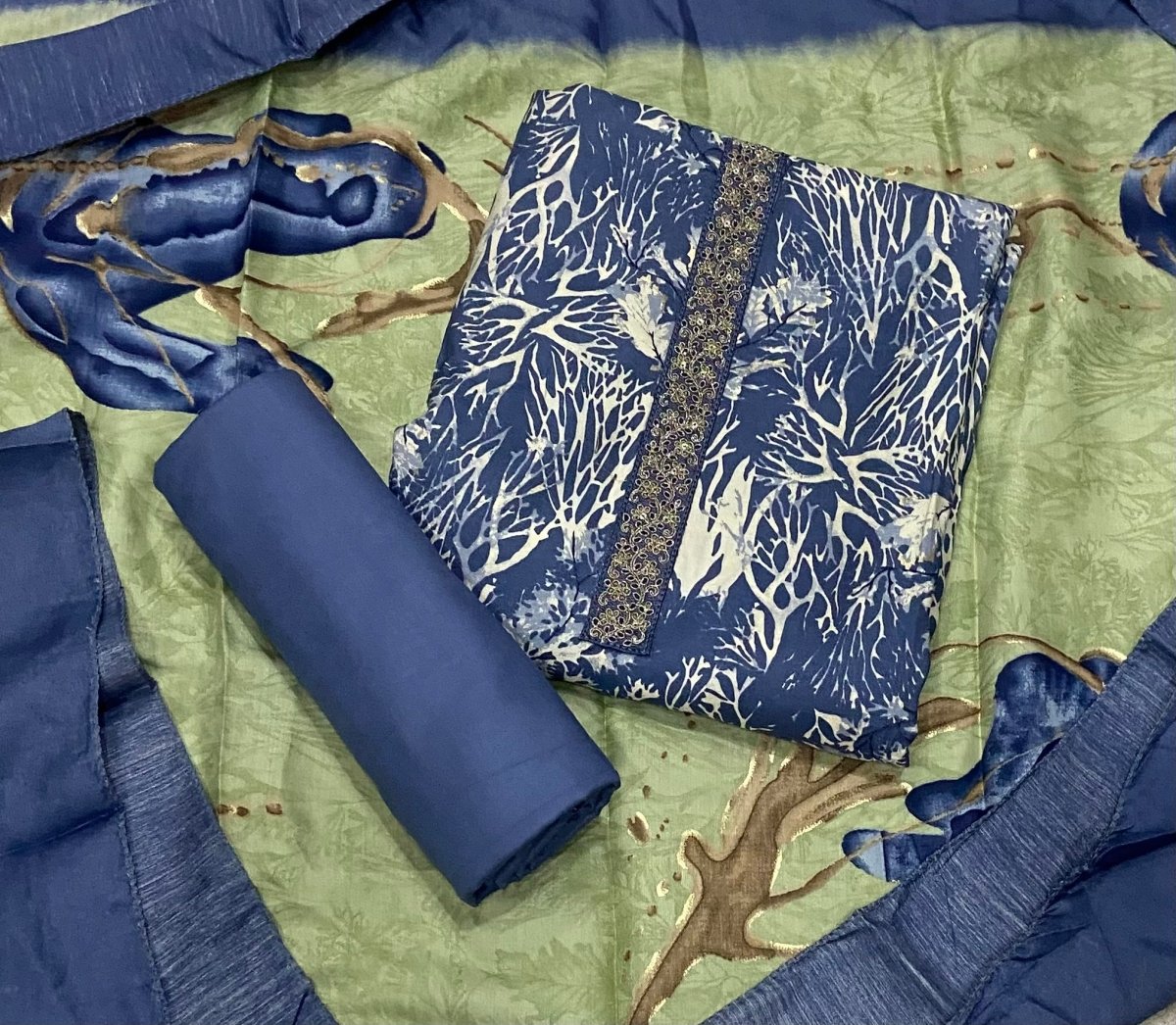 Fancy Musleen Suit Set with nack Zari work - Yanchi