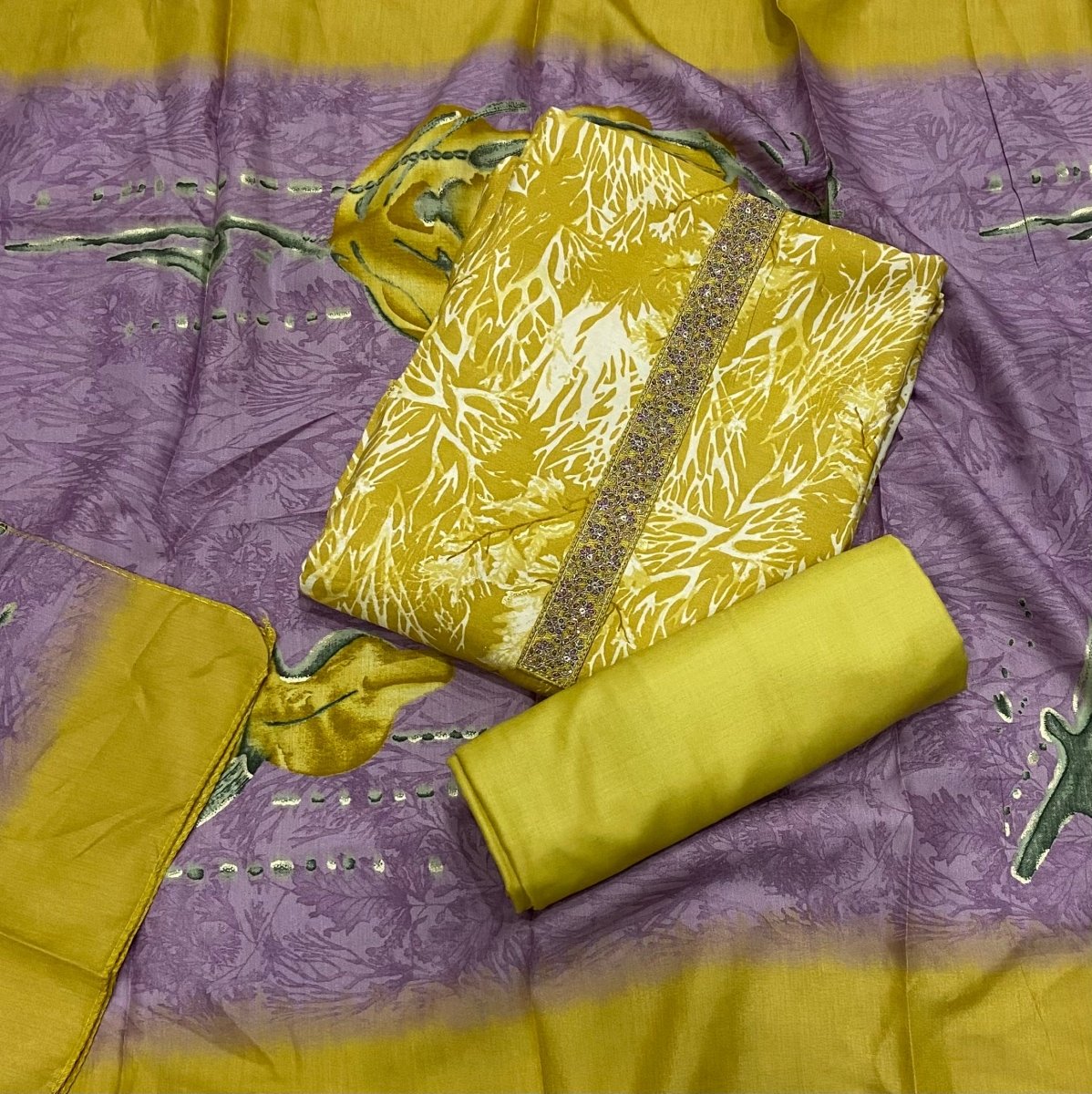 Fancy Musleen Suit Set with nack Zari work - Yanchi