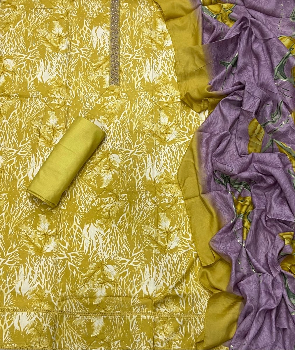 Fancy Musleen Suit Set with nack Zari work - Yanchi