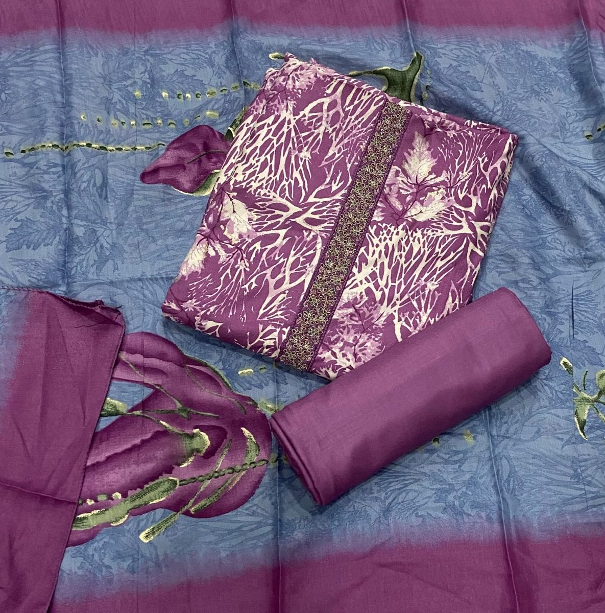 Fancy Musleen Suit Set with nack Zari work - Yanchi