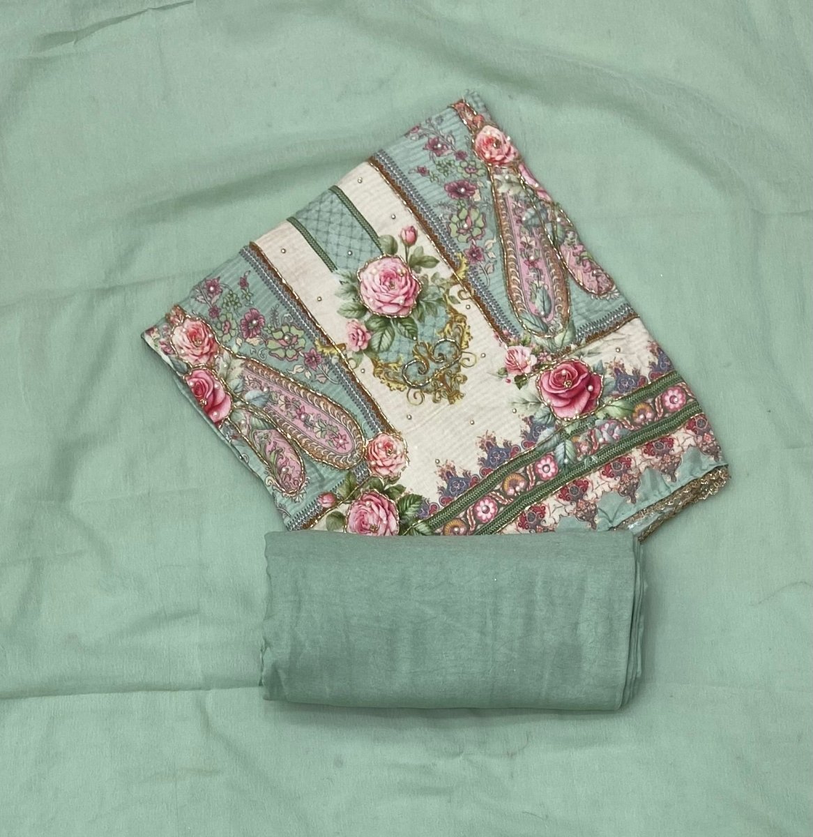 Fancy Muslin Suit Set with Heavy Cutdana Work - Yanchi