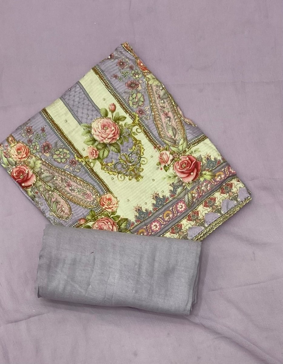 Fancy Muslin Suit Set with Heavy Cutdana Work - Yanchi