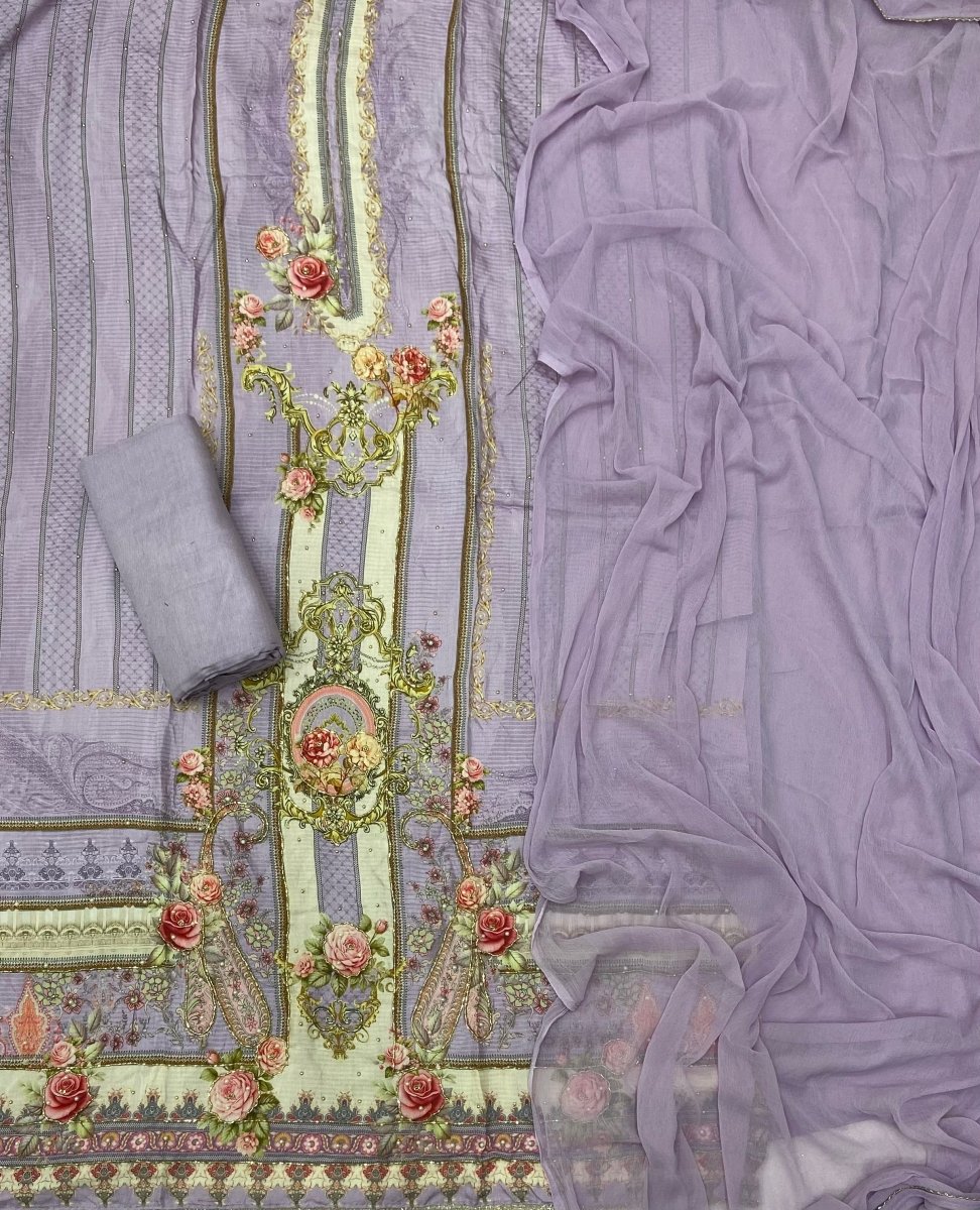 Fancy Muslin Suit Set with Heavy Cutdana Work - Yanchi