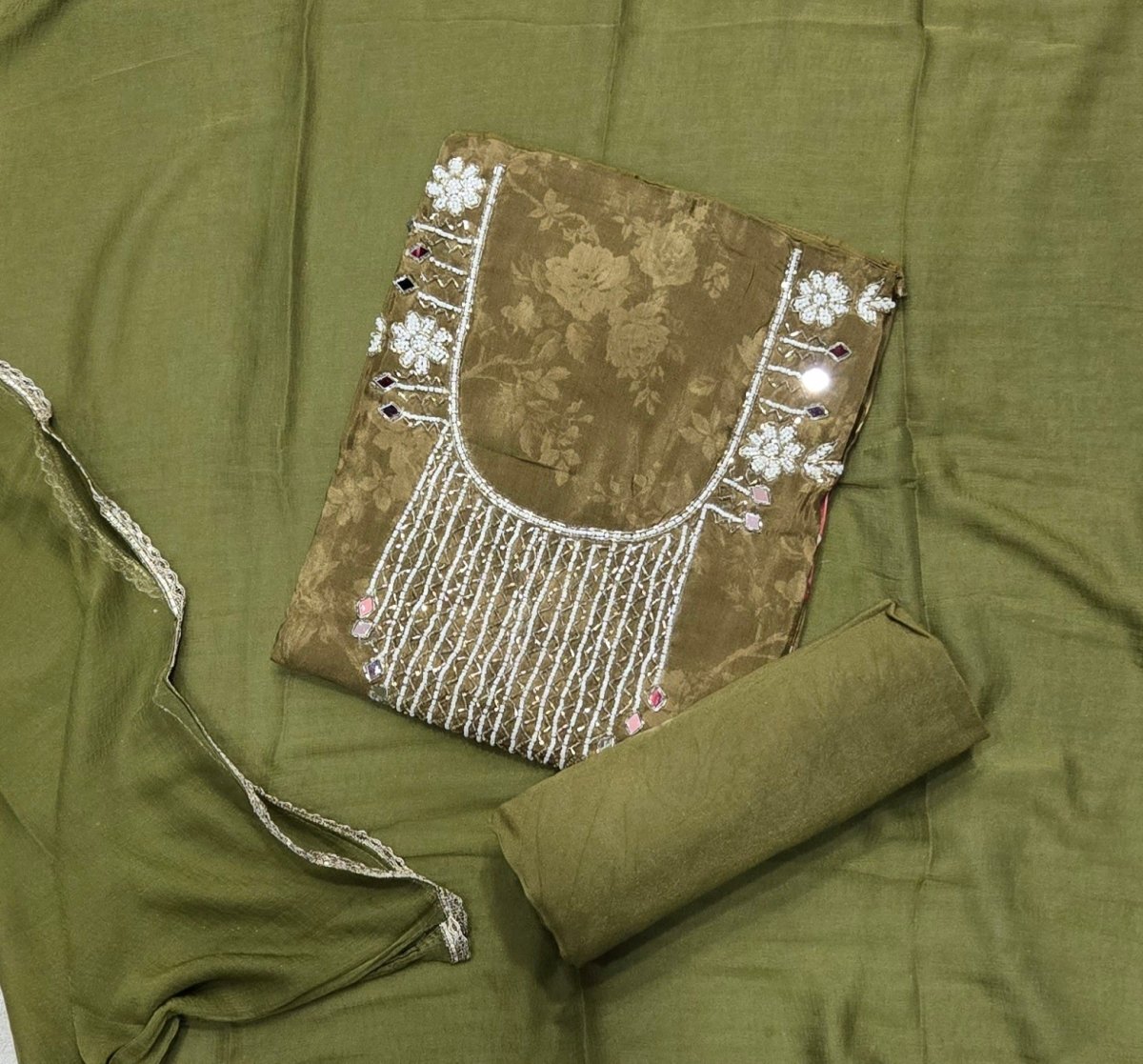 Fancy Muslin Suit Set with Real Mirror & Pearl Work - Yanchi