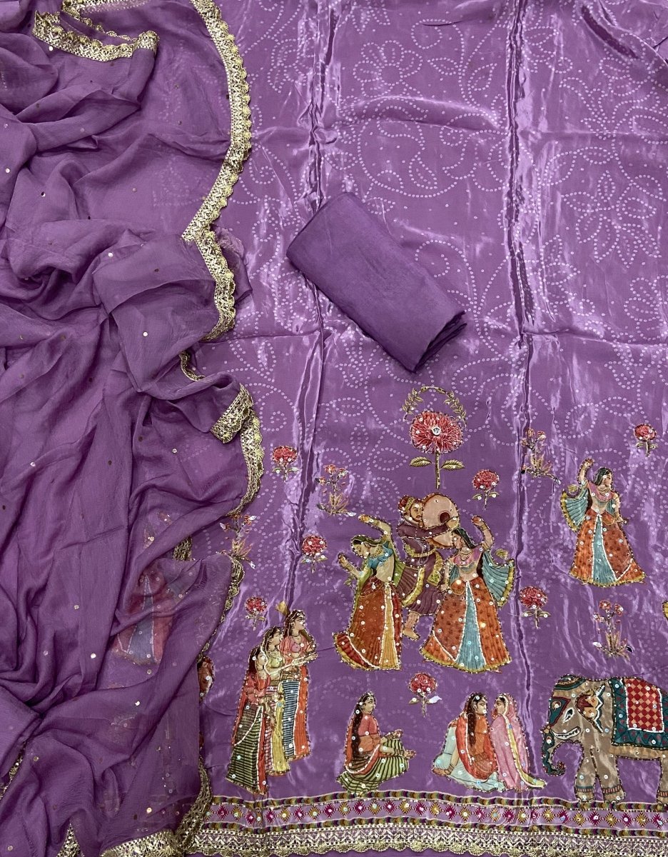 Fancy Muslin Suit Set with sequence & Pearl Work - Yanchi