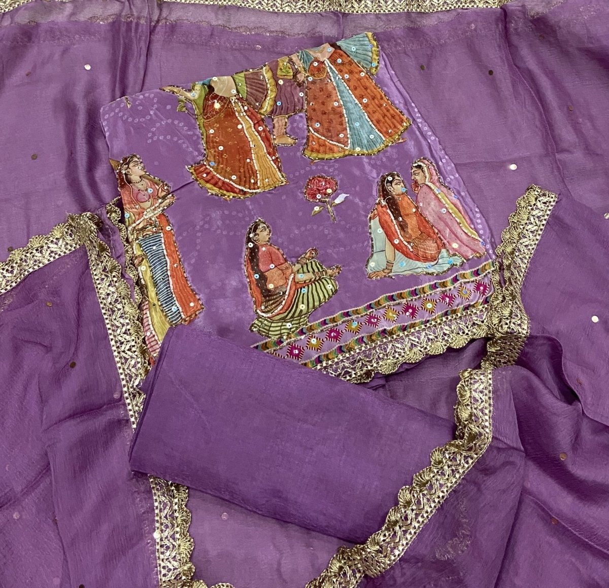 Fancy Muslin Suit Set with sequence & Pearl Work - Yanchi