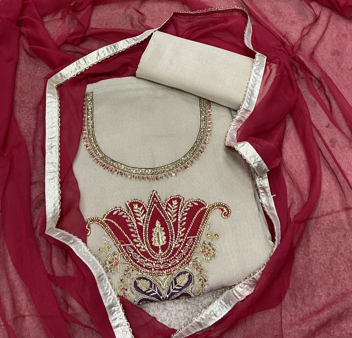 Fancy Shimmer Suit Set with Zari & Stone Work - Yanchi