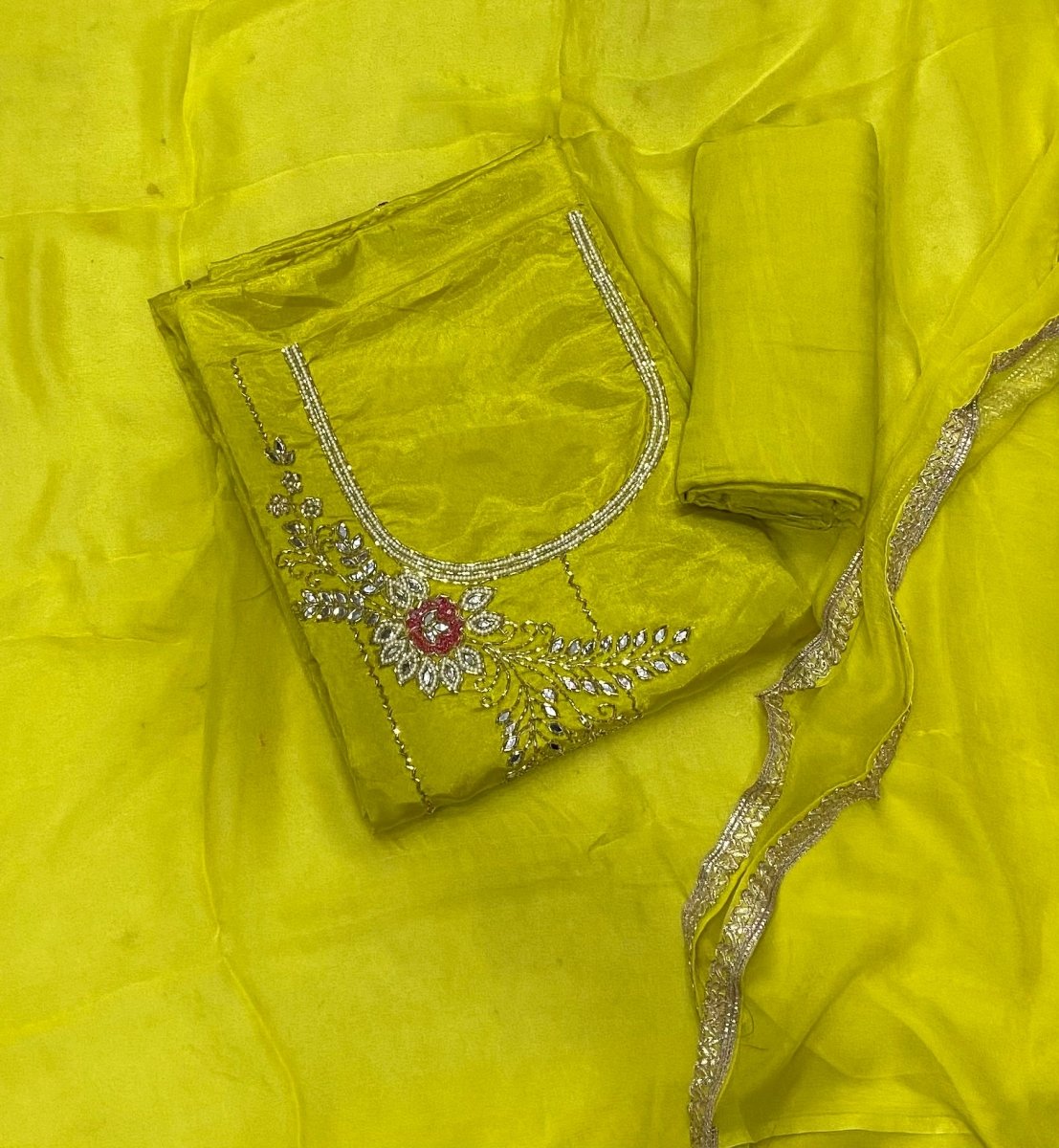 Glass Organza Suit Set with Heavy Real Mirror & Pearl Work - Yanchi