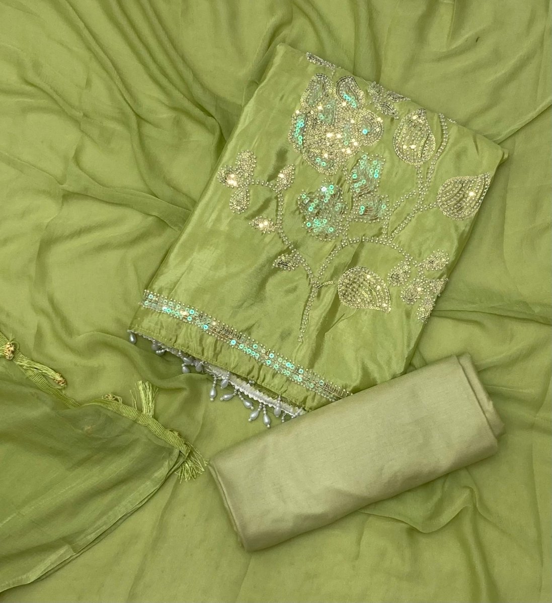 Glass Organza Suit Set with Pearl & Sequins Work - Yanchi