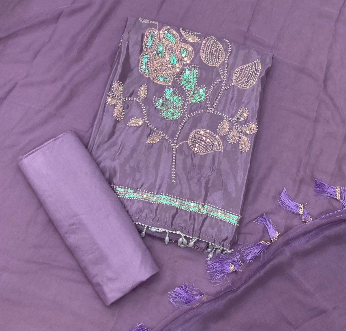 Glass Organza Suit Set with Pearl & Sequins Work - Yanchi
