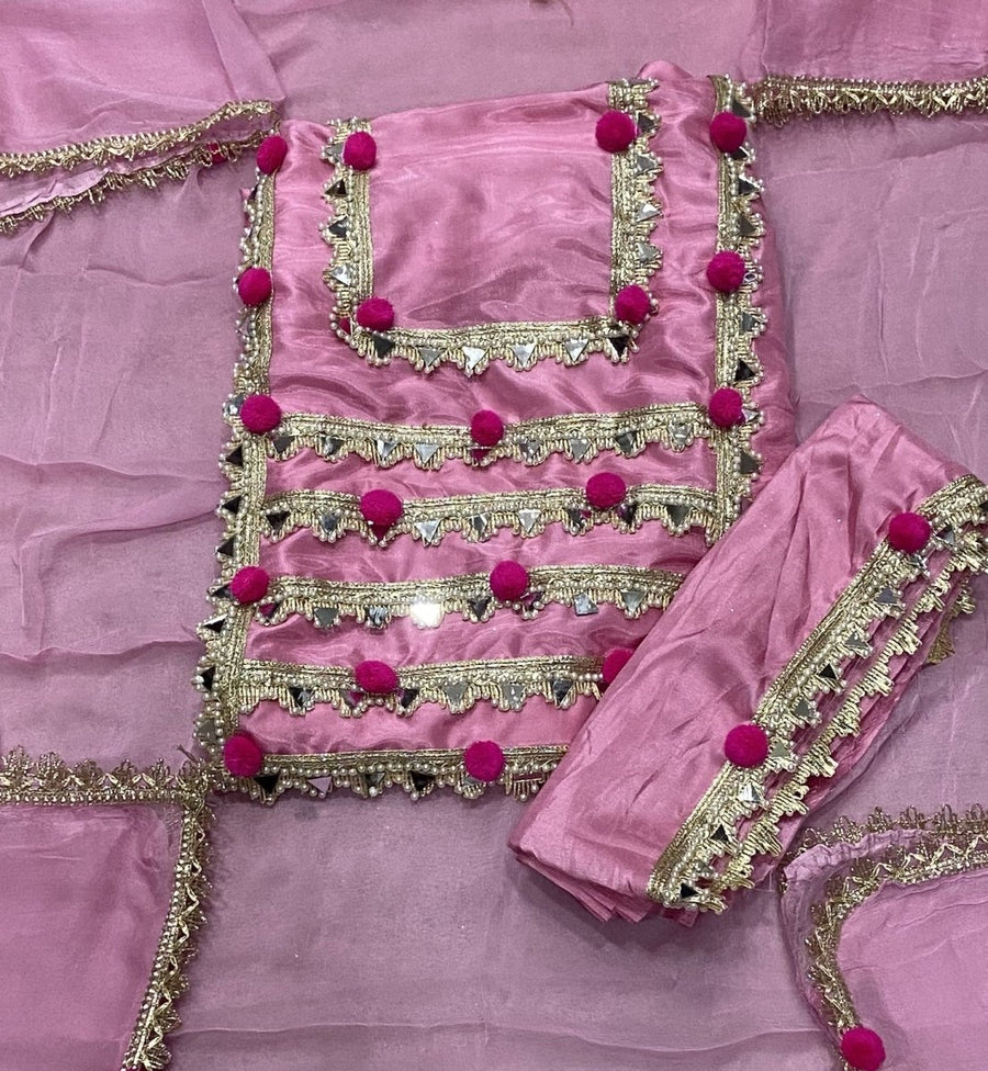 Glass Organza Suit Set with Real mirror & Havy leas work - Yanchi