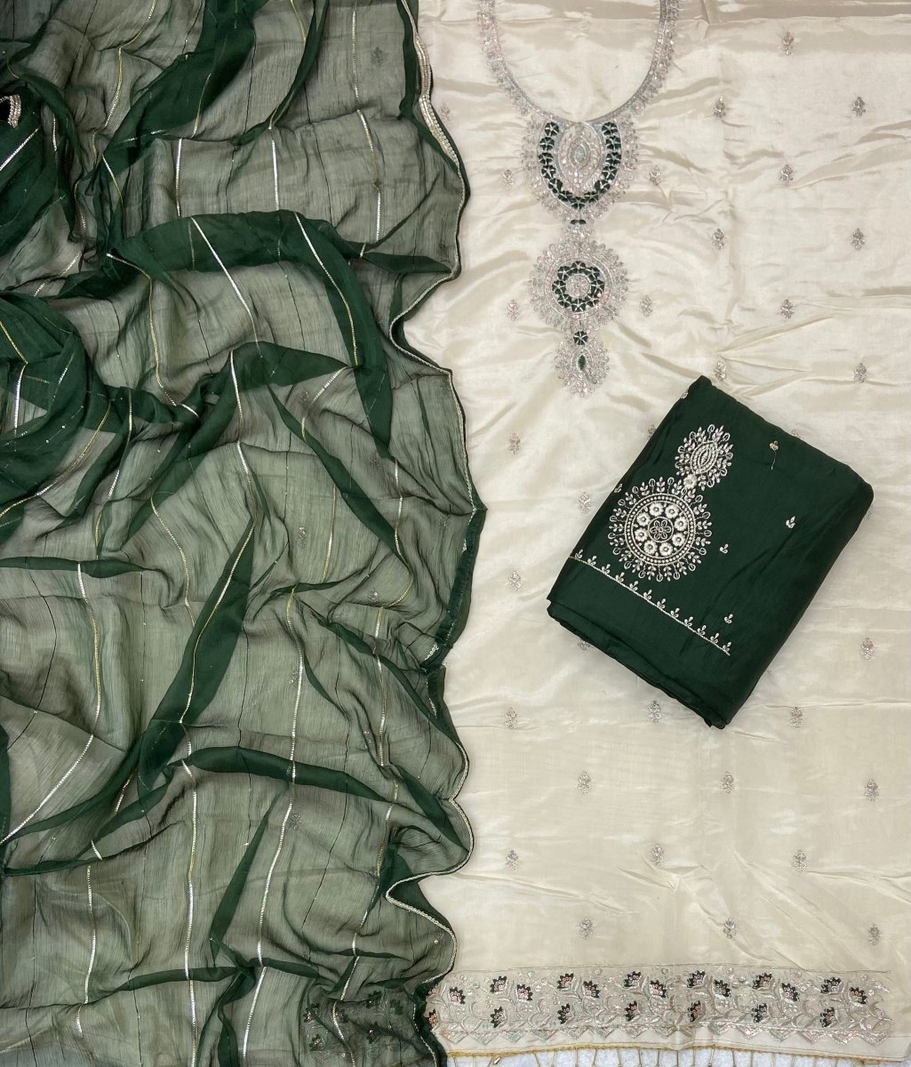 Glass Organza Suit Set with Sequins & Thread Work (Bottom Work) - Yanchi