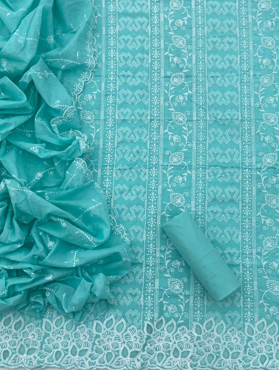 Graceful Cotton Chikankari Suit Set DN1 (Turquoise blue) - Yanchi