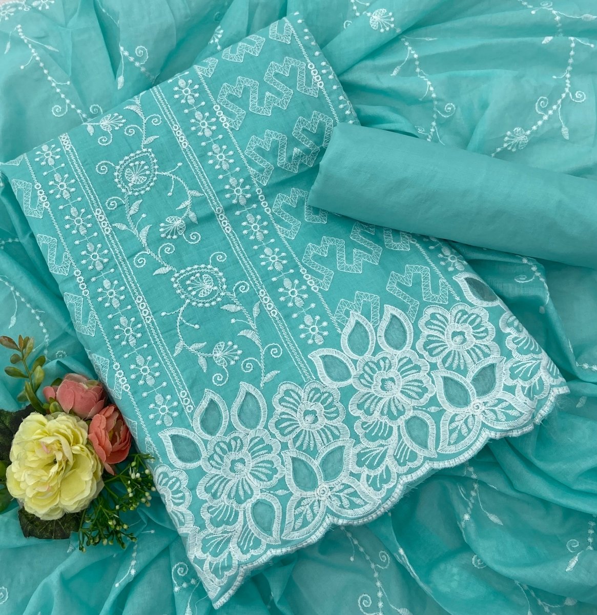 Graceful Cotton Chikankari Suit Set DN1 (Turquoise blue) - Yanchi