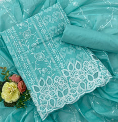 Graceful Cotton Chikankari Suit Set DN1 (Turquoise blue) - Yanchi