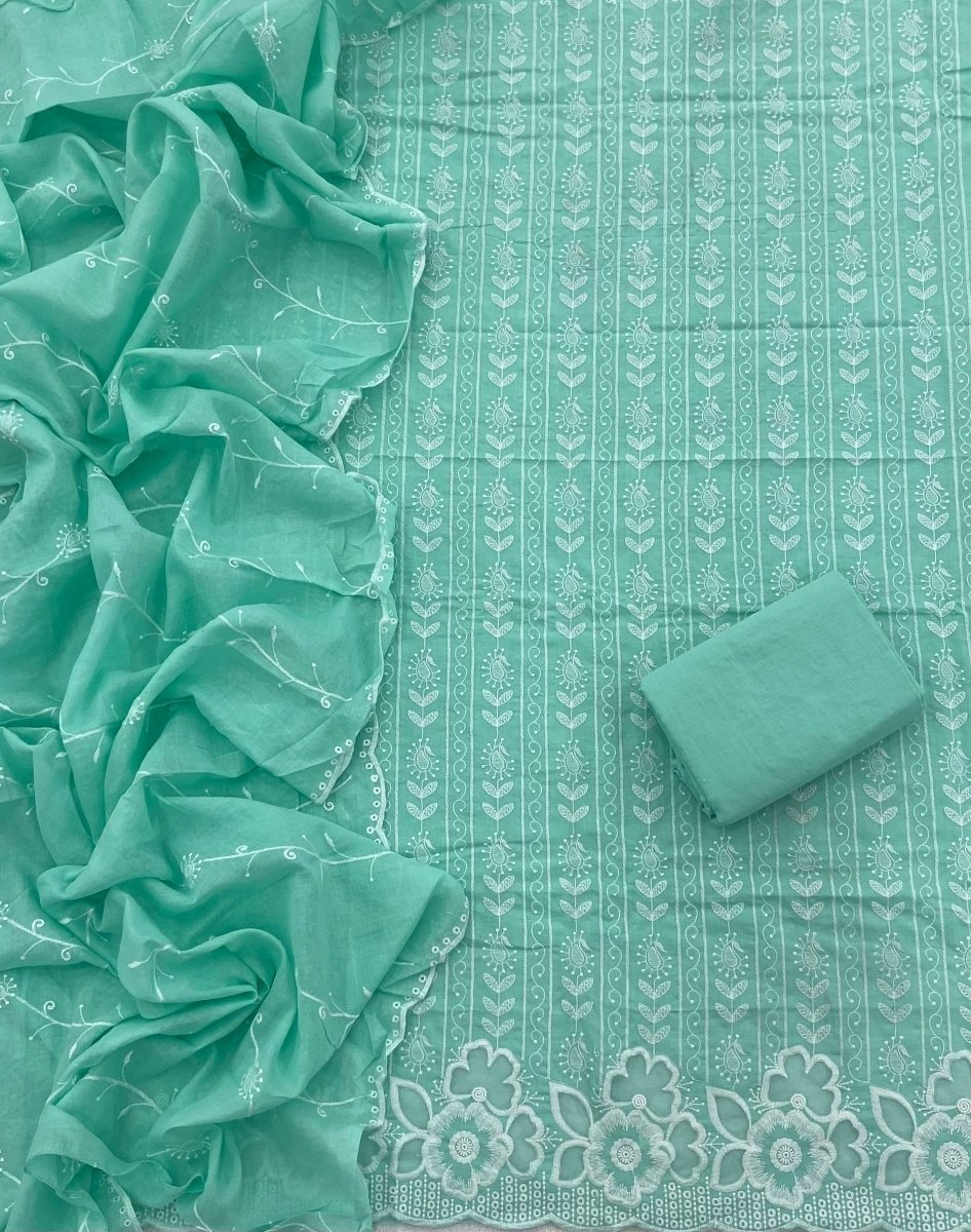 Graceful Cotton Chikankari Suit Set DN10 (Sea - Green) - Yanchi