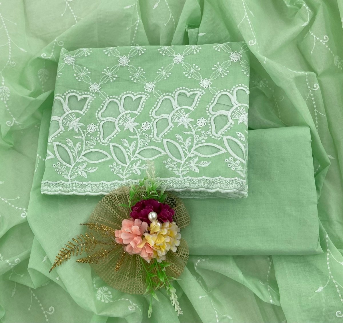 Graceful Cotton Chikankari Suit Set DN11 (Green) - Yanchi