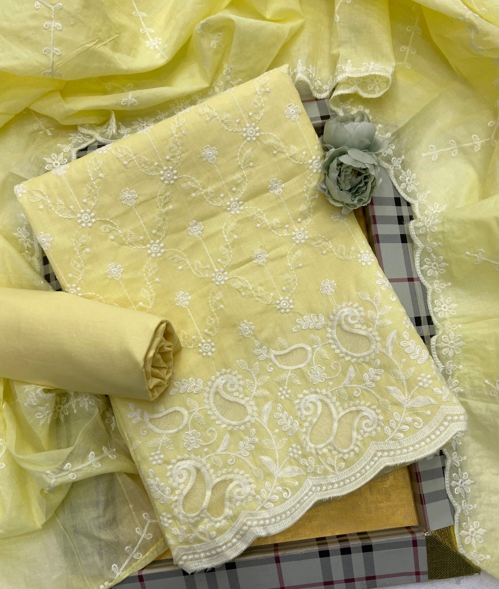 Graceful Cotton Chikankari Suit Set DN3 (Lemon Yellow) - Yanchi