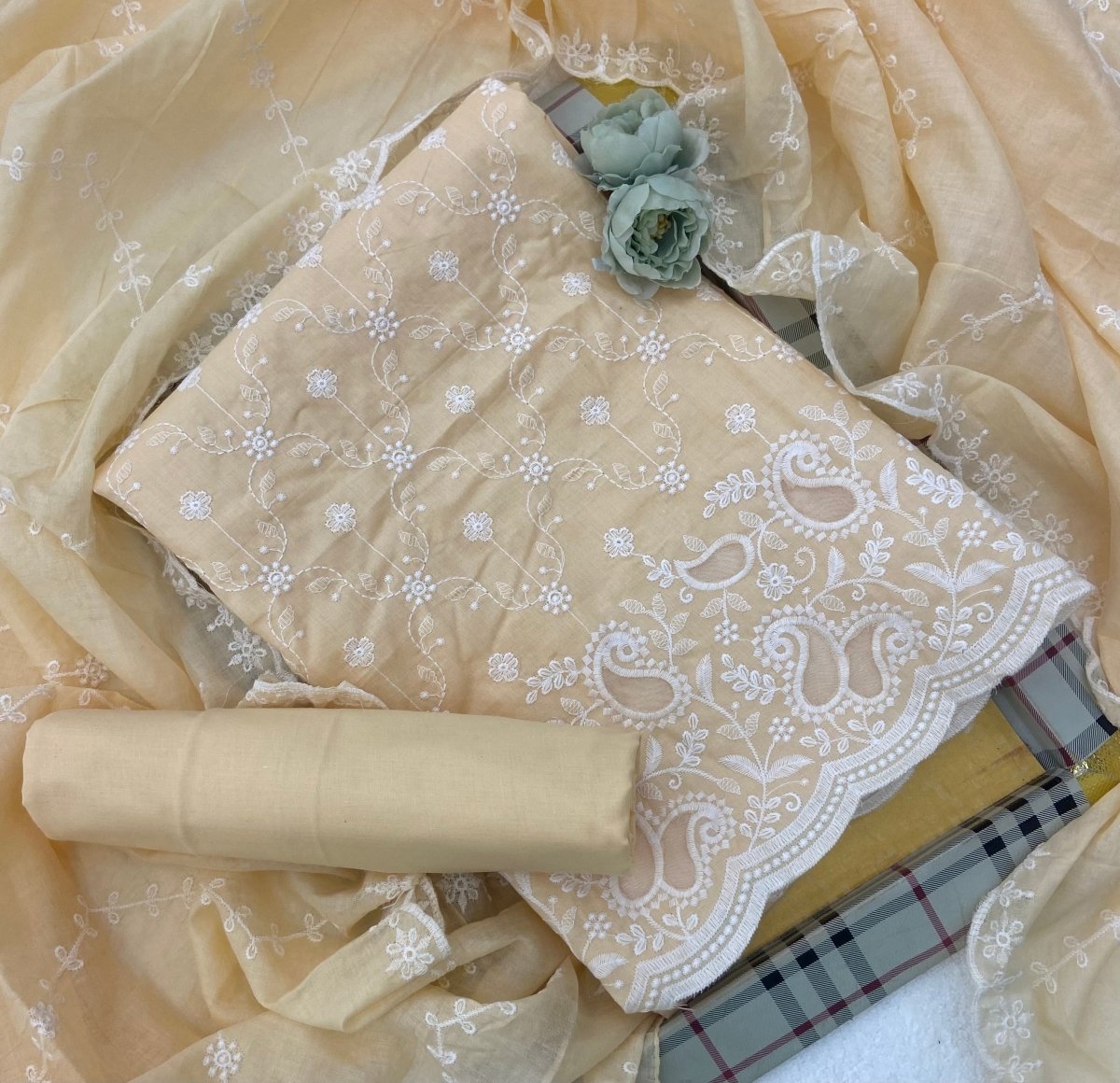 Graceful Cotton Chikankari Suit Set DN3 (Pastel Yellow) - Yanchi