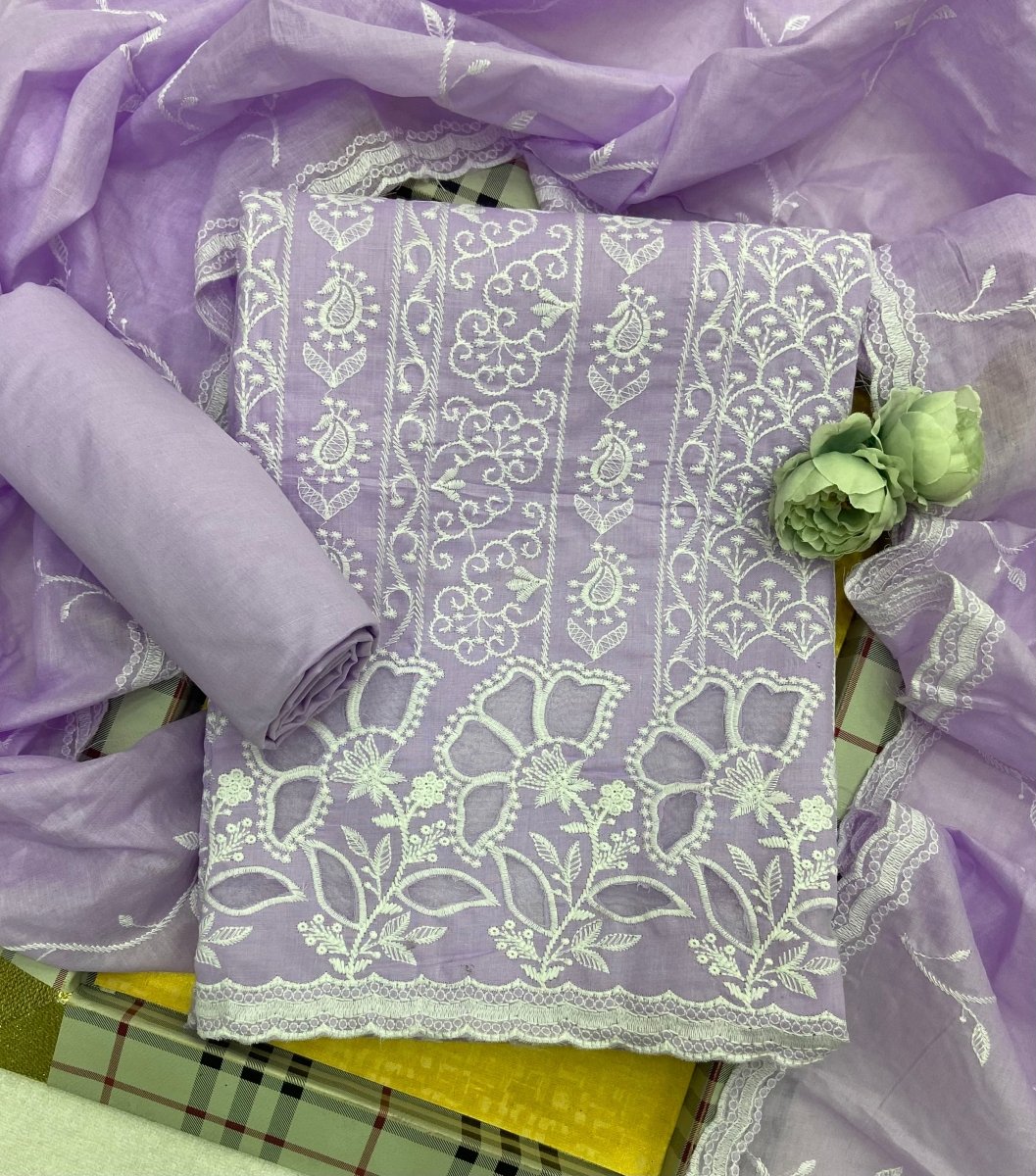 Graceful Cotton Chikankari Suit Set DN4 (Lavender) - Yanchi