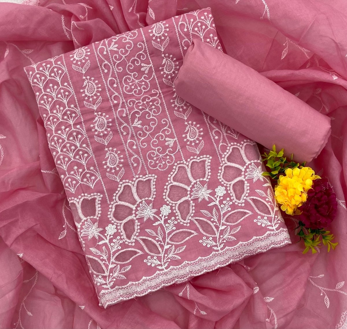 Graceful Cotton Chikankari Suit Set DN4 (Peach Pink) - Yanchi