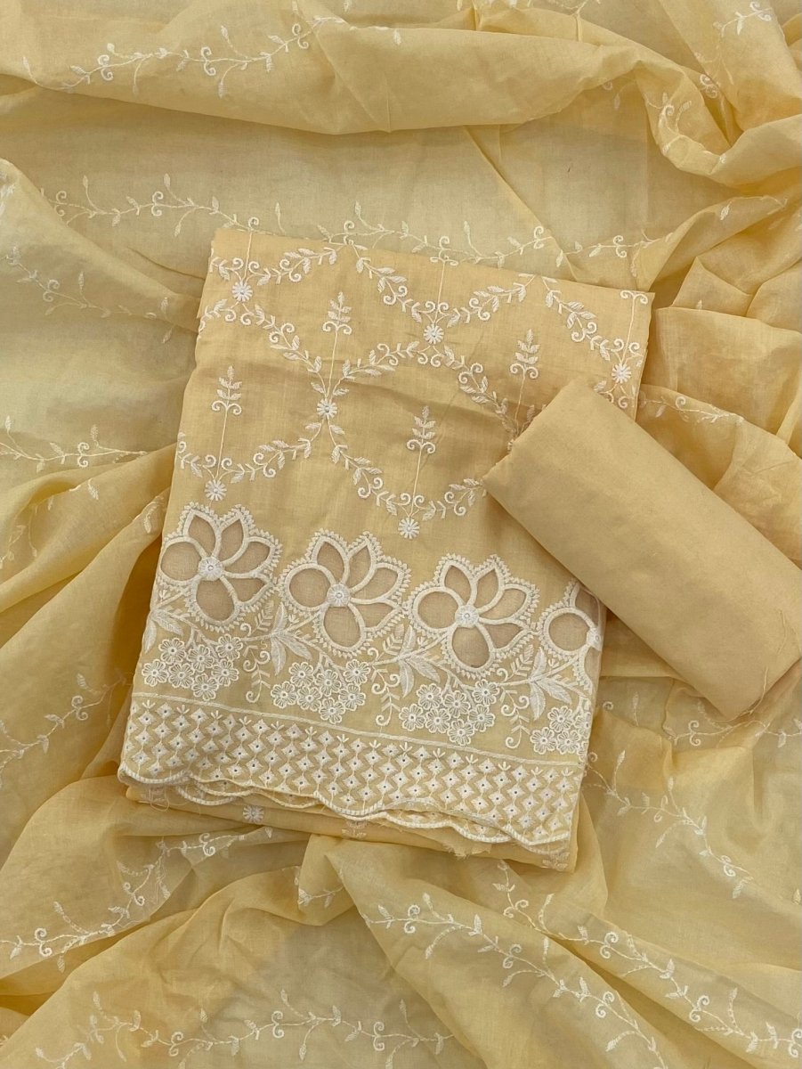 Graceful Cotton Chikankari Suit Set DN5 ( Soft Yellow) - Yanchi
