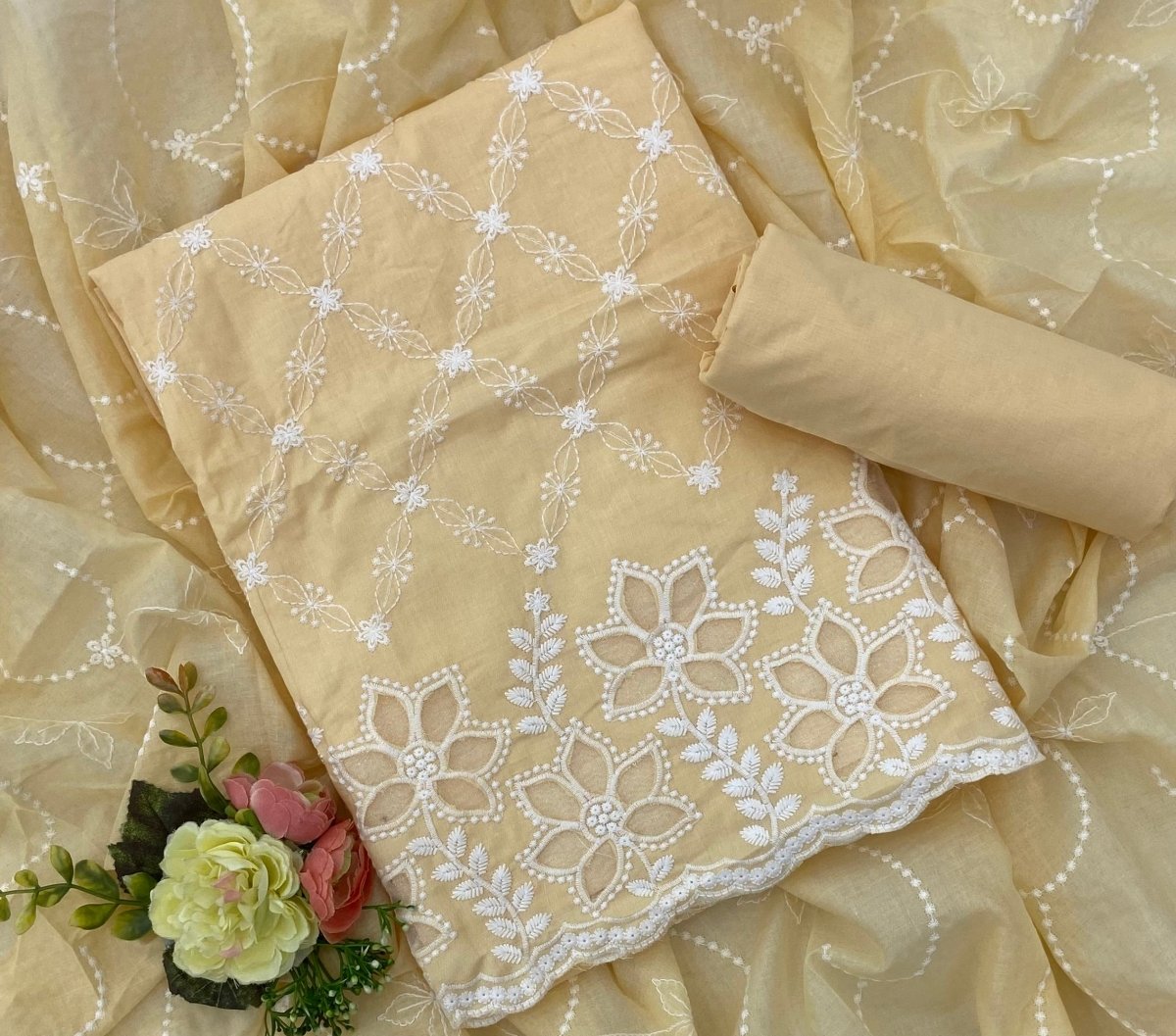 Graceful Cotton Chikankari Suit Set DN7(Yellow) - Yanchi