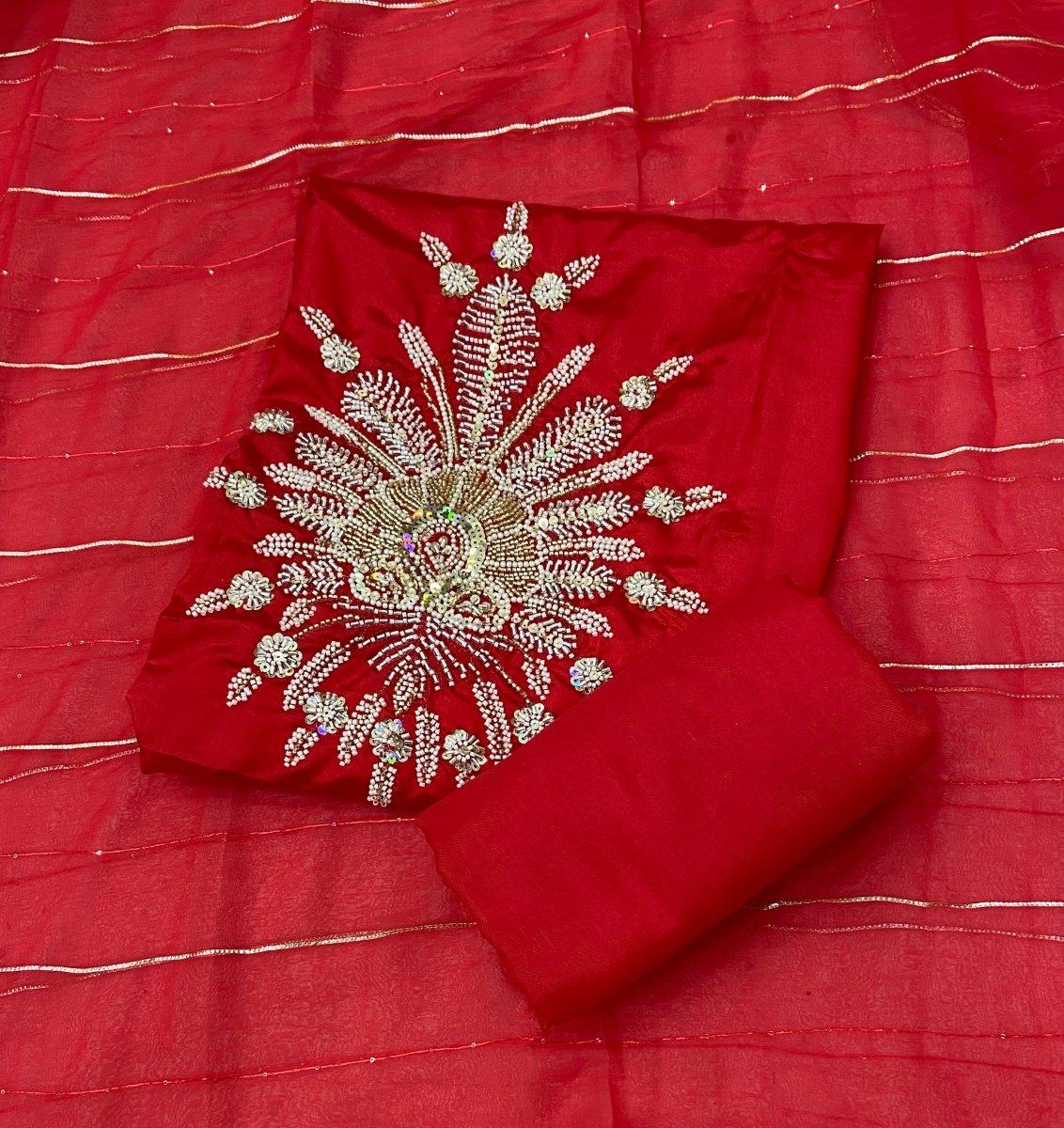 Karwa Special Red Organza Heavy Sequins & Work Suit Set - Yanchi