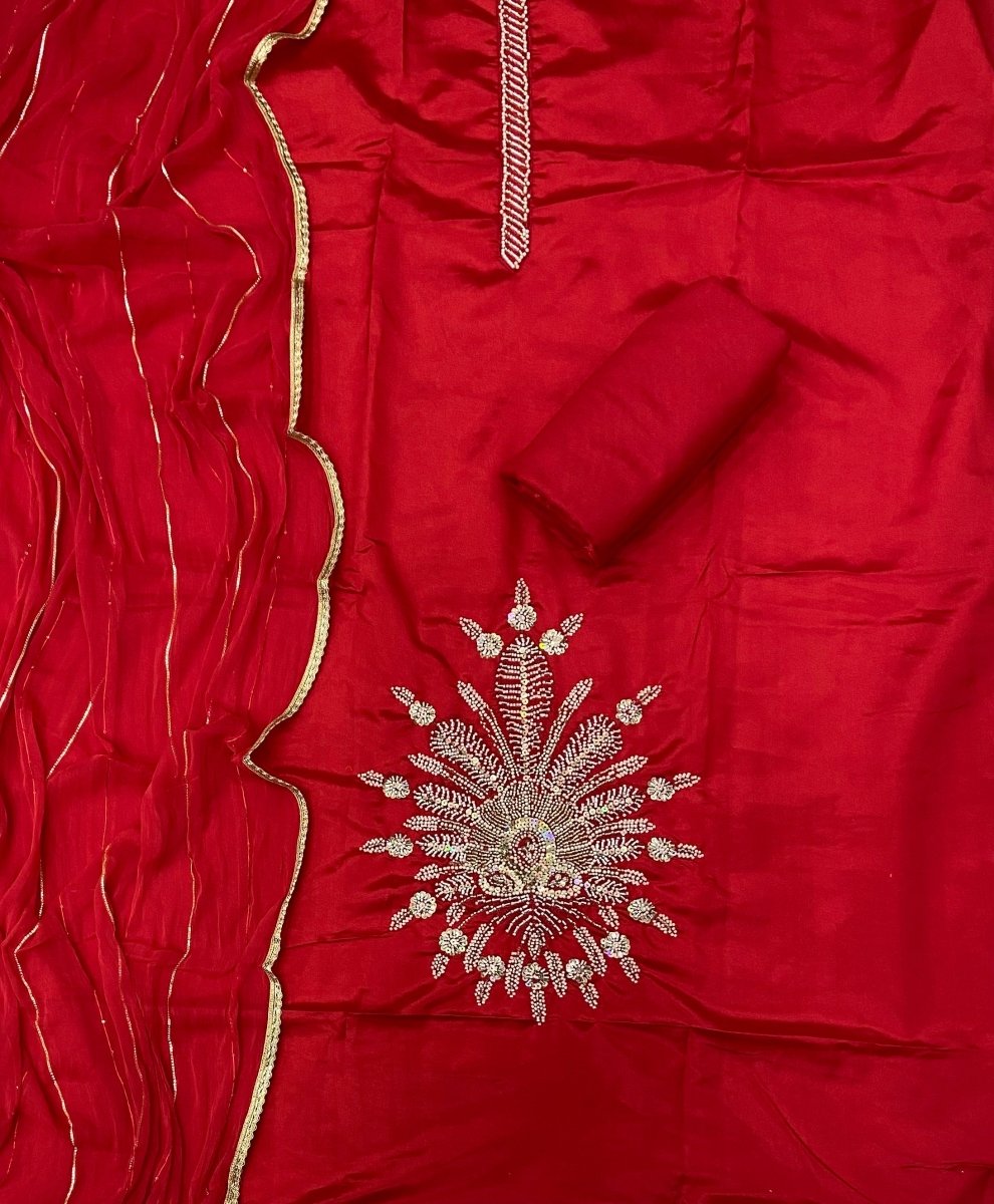 Karwa Special Red Organza Heavy Sequins & Work Suit Set - Yanchi