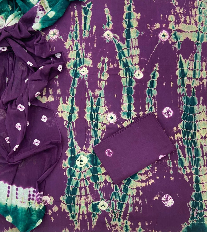 Abstract Katan Silk Tie Dyed Violet & Yellow Suit (T+B+D)