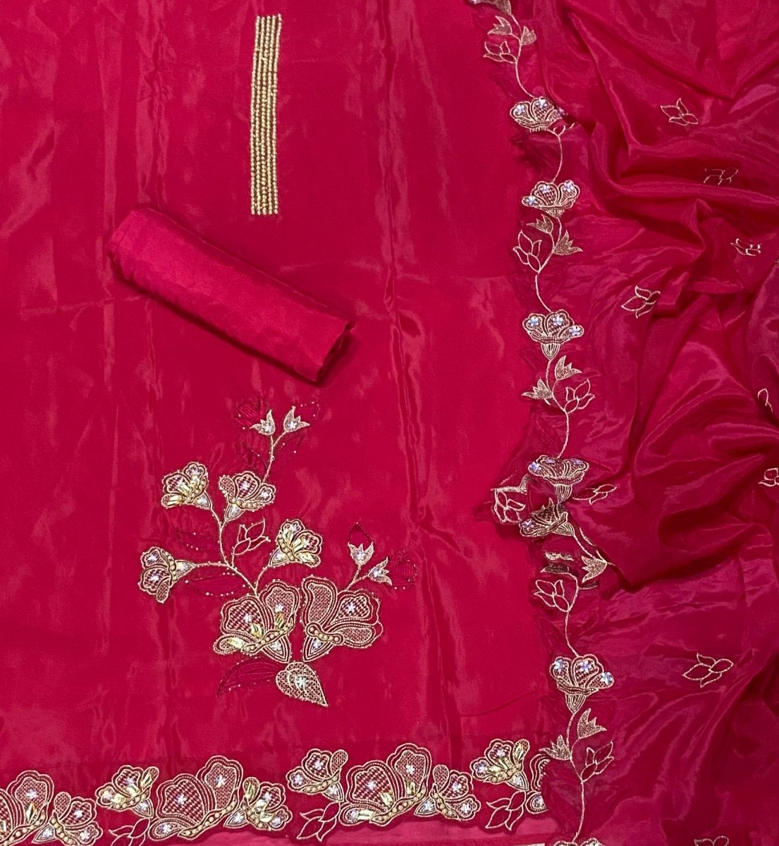 Premium Glass Organza Suit Set with Pearl & Zari Thread Work(Heavy Cutwork Dupatta) - Yanchi