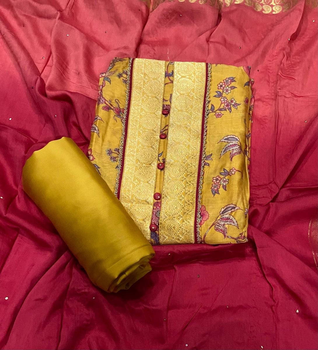 Pure Bemberg Cotton Silk Printed With Jaq Neek With Jari Lace(Ganga) - Yanchi