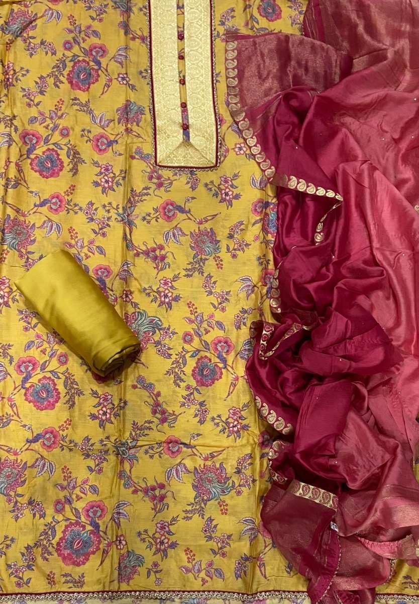 Pure Bemberg Cotton Silk Printed With Jaq Neek With Jari Lace(Ganga) - Yanchi
