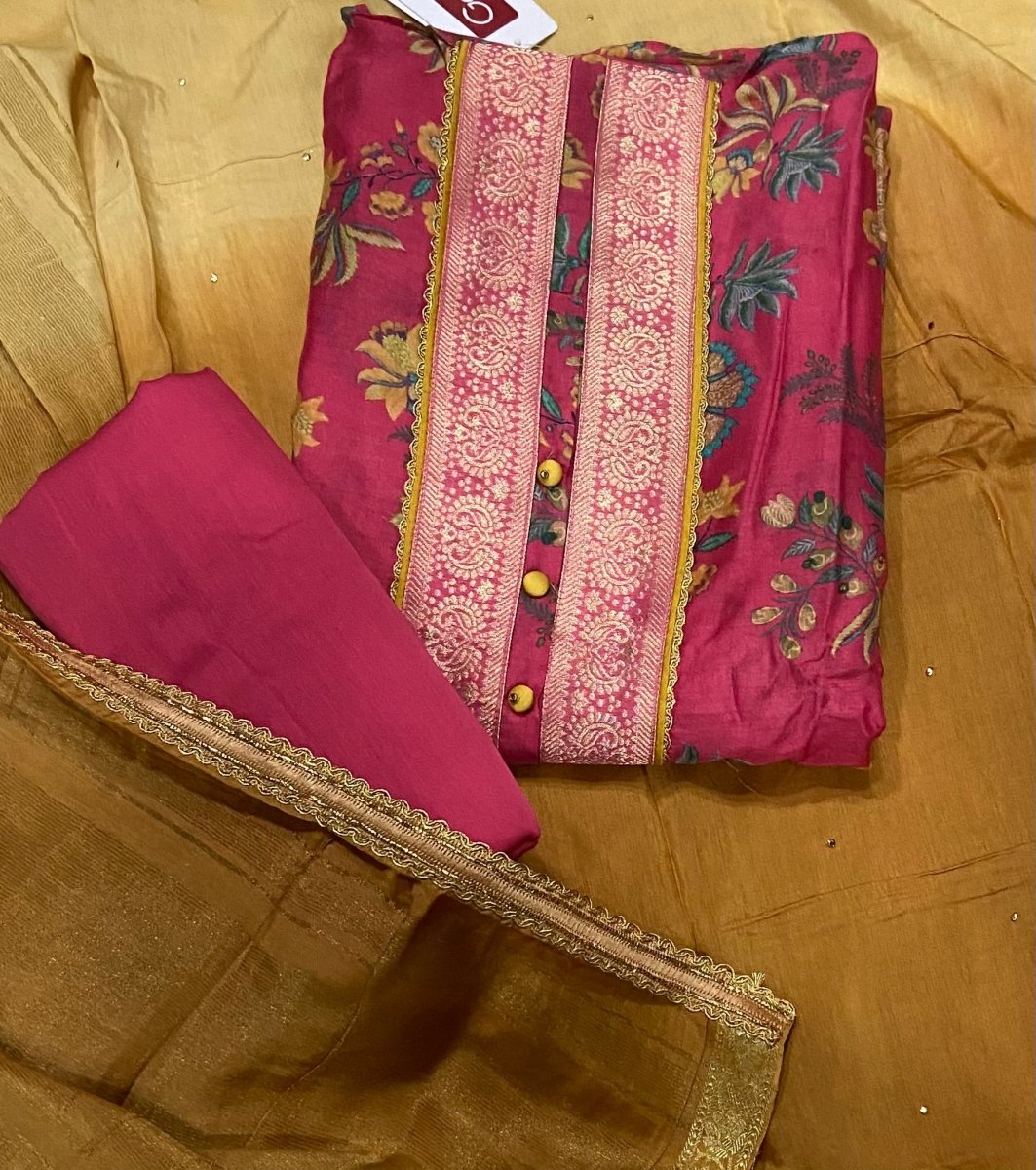 Pure Bemberg Cotton Silk Printed With Jaq Neek With Jari Lace(Ganga) - Yanchi