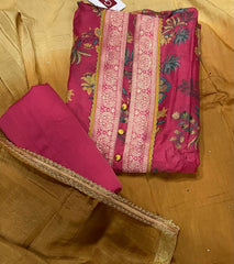 Pure Bemberg Cotton Silk Printed With Jaq Neek With Jari Lace(Ganga) - Yanchi