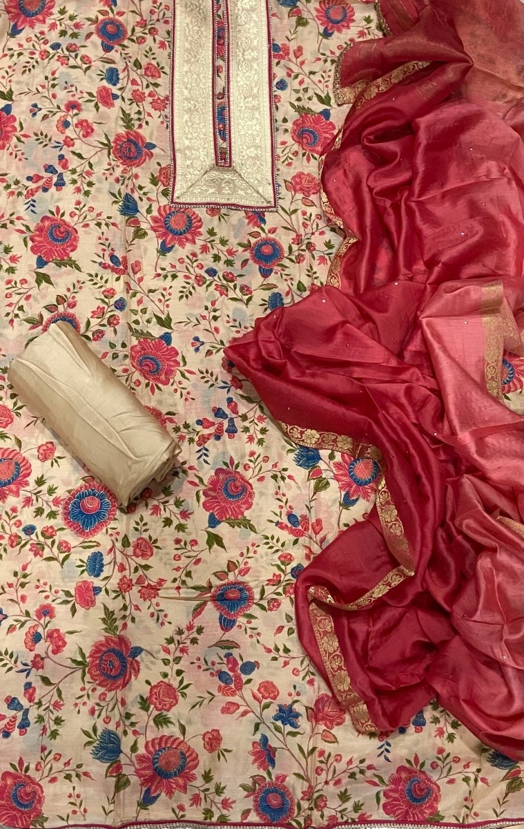 Pure Bemberg Cotton Silk Printed With Jaq Neek With Jari Lace(Ganga) - Yanchi