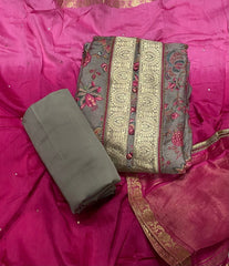 Pure Bemberg Cotton Silk Printed With Jaq Neek With Jari Lace(Ganga) - Yanchi