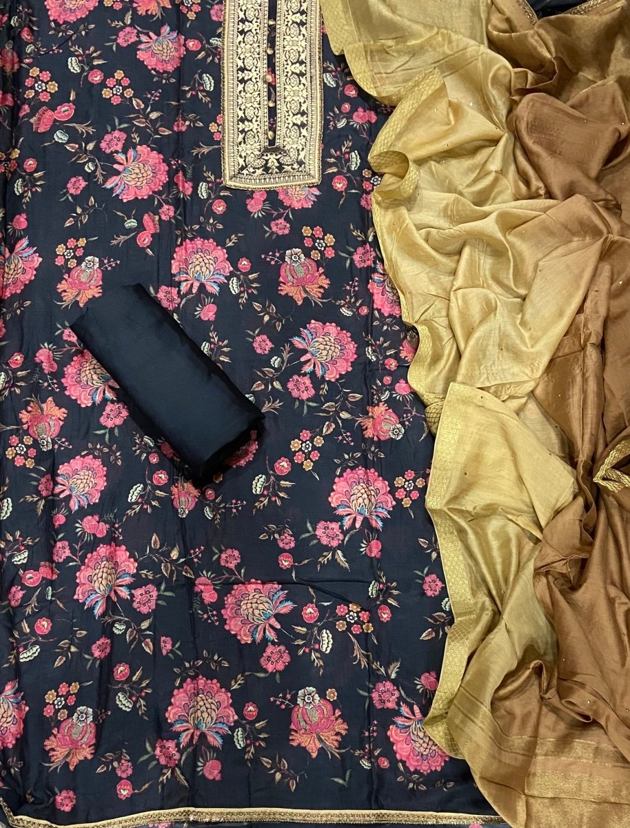 Pure Bemberg Cotton Silk Printed With Jaq Neek With Jari Lace(Ganga) - Yanchi