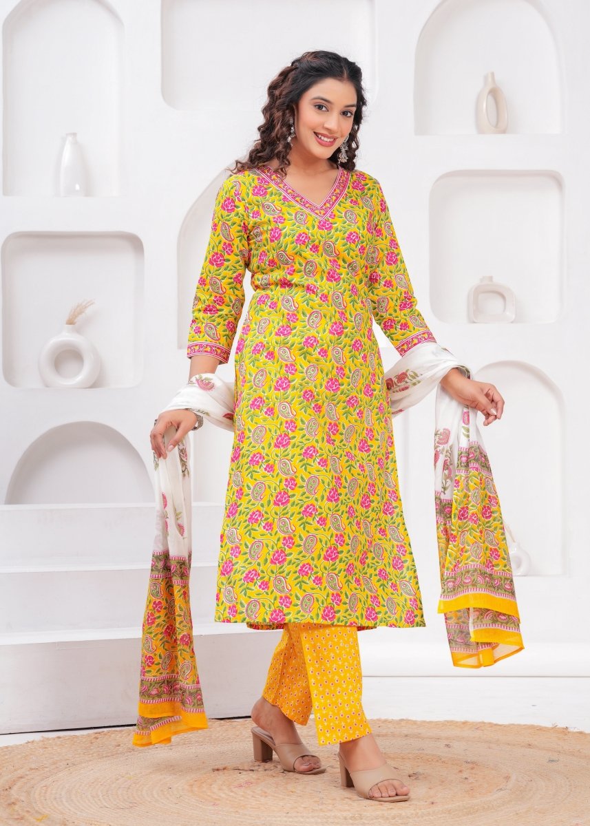 Pure Cotton Kurti & Pant with Dupatta (3pcs) - Yanchi