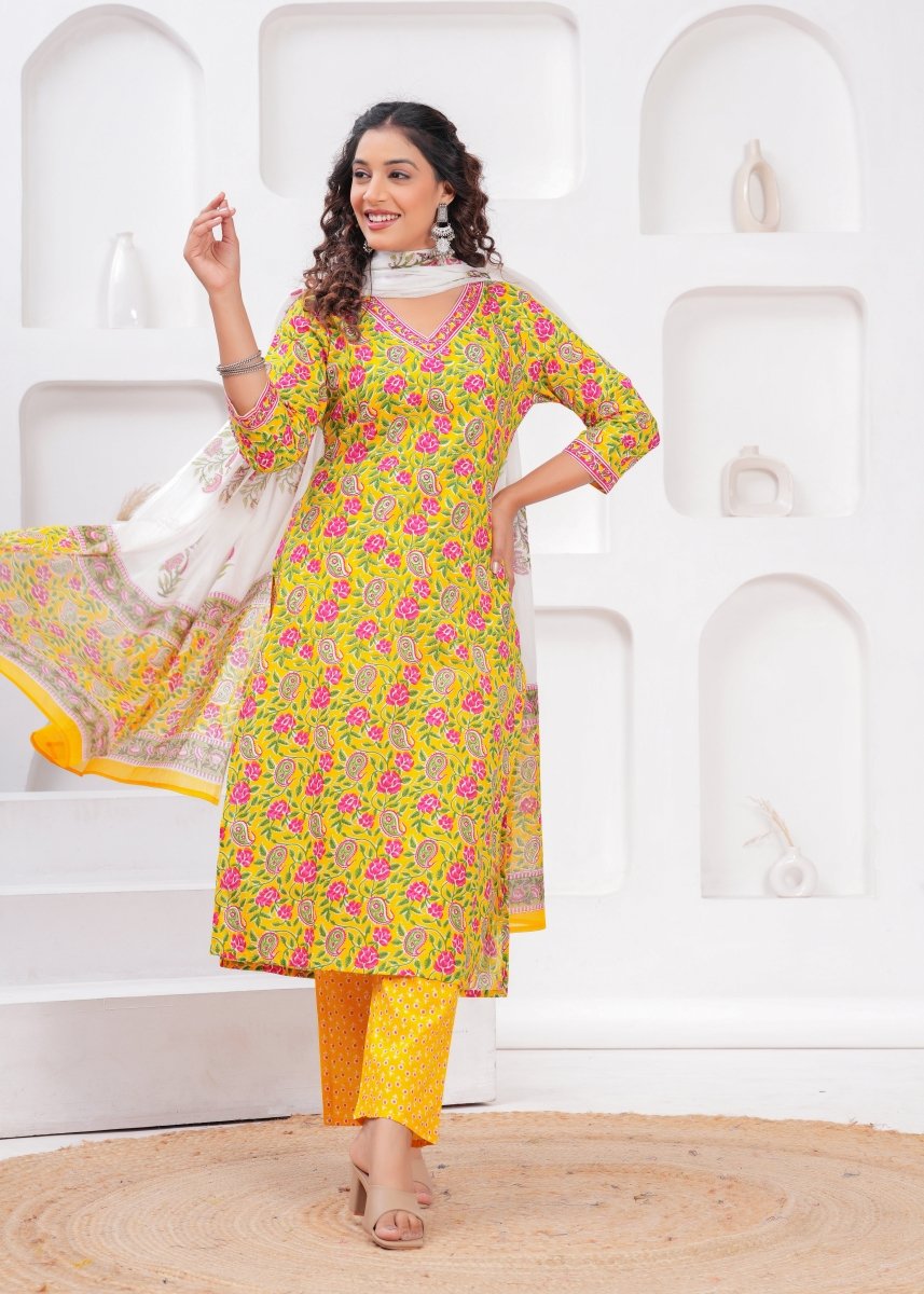 Pure Cotton Kurti & Pant with Dupatta (3pcs) - Yanchi