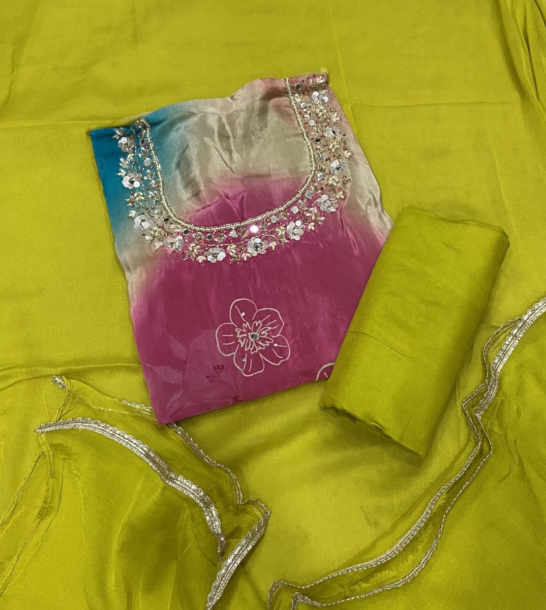 Pure Organza Suit Set with Cutdana & stone and mirror work - Yanchi