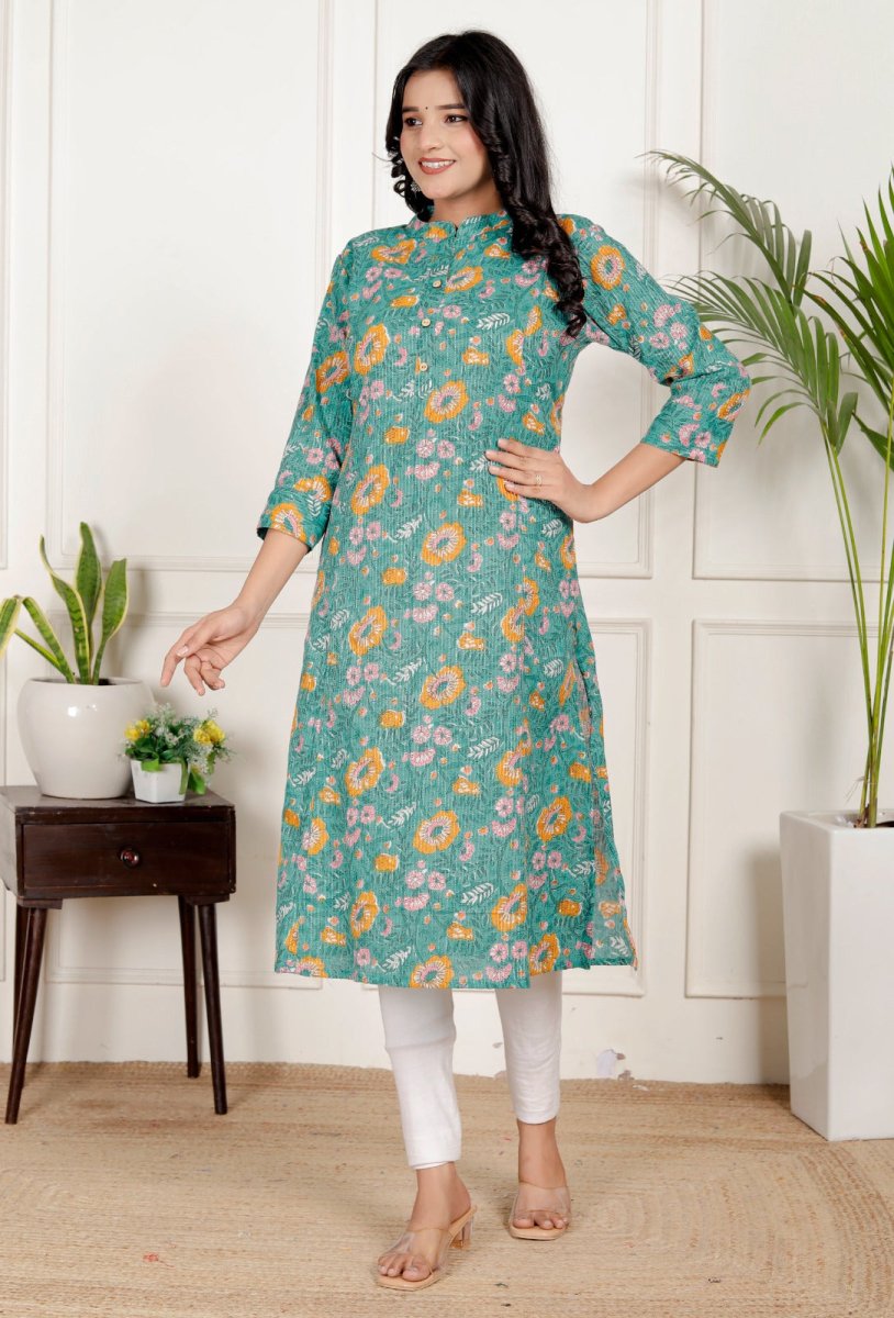 Pure Sanganeri Cotton Print Kurti with Katha Work - Yanchi