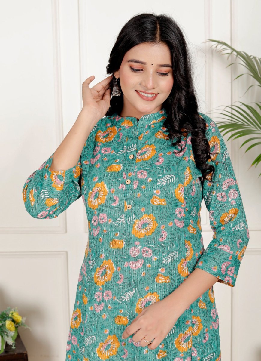 Pure Sanganeri Cotton Print Kurti with Katha Work - Yanchi