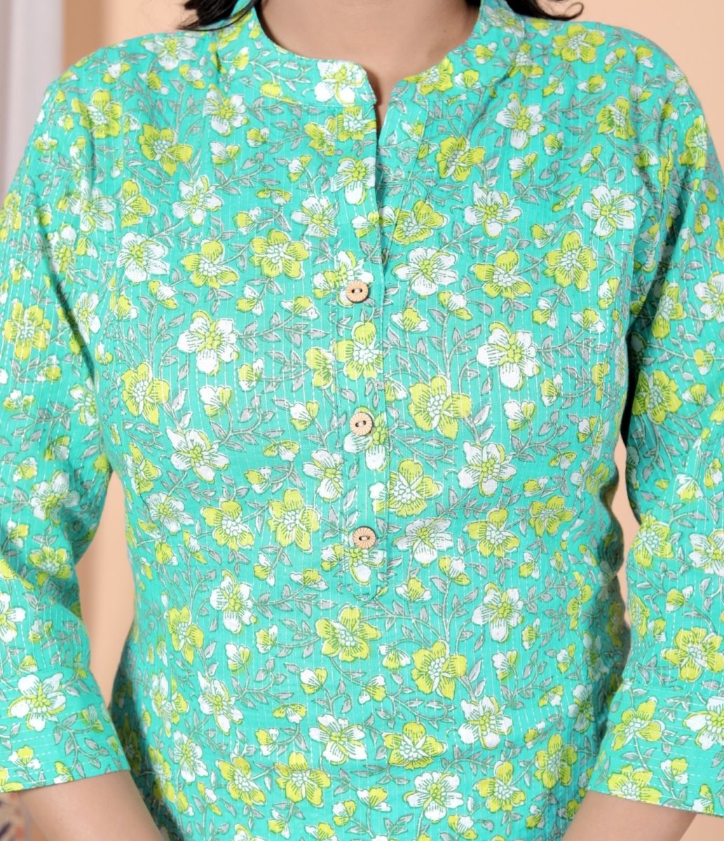 Pure Sanganeri Cotton Print Kurti with Katha Work - Yanchi