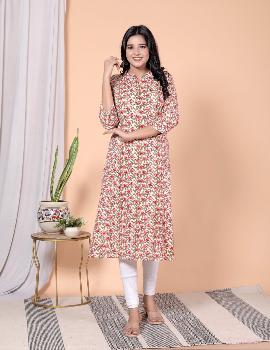 Pure Sanganeri Cotton Print Kurti with Katha Work - Yanchi