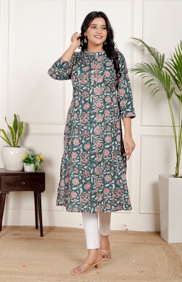 Pure Sanganeri Cotton Print Kurti with Katha Work - Yanchi