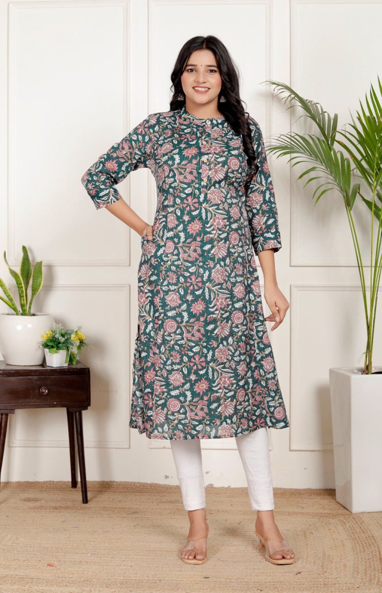 Pure Sanganeri Cotton Print Kurti with Katha Work - Yanchi