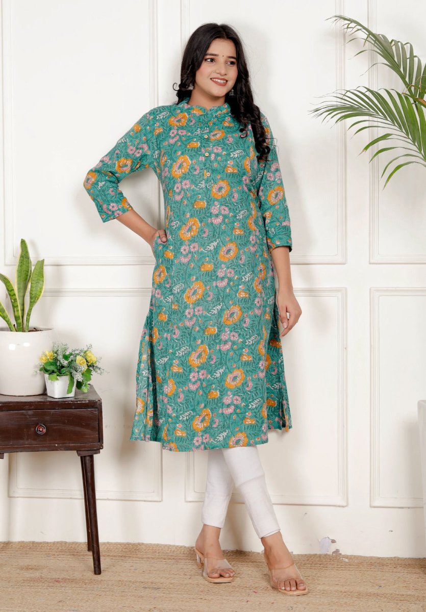 Pure Sanganeri Cotton Print Kurti with Katha Work - Yanchi