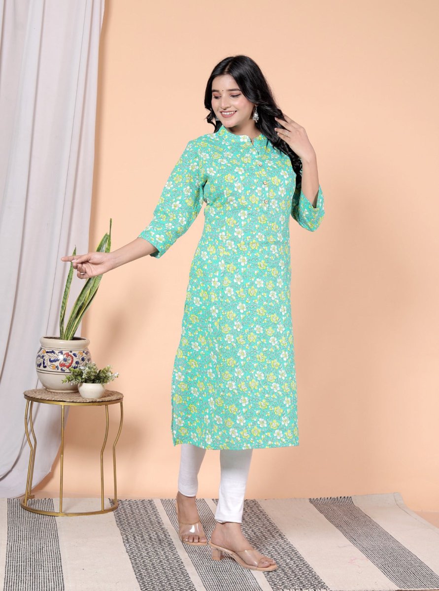 Pure Sanganeri Cotton Print Kurti with Katha Work - Yanchi